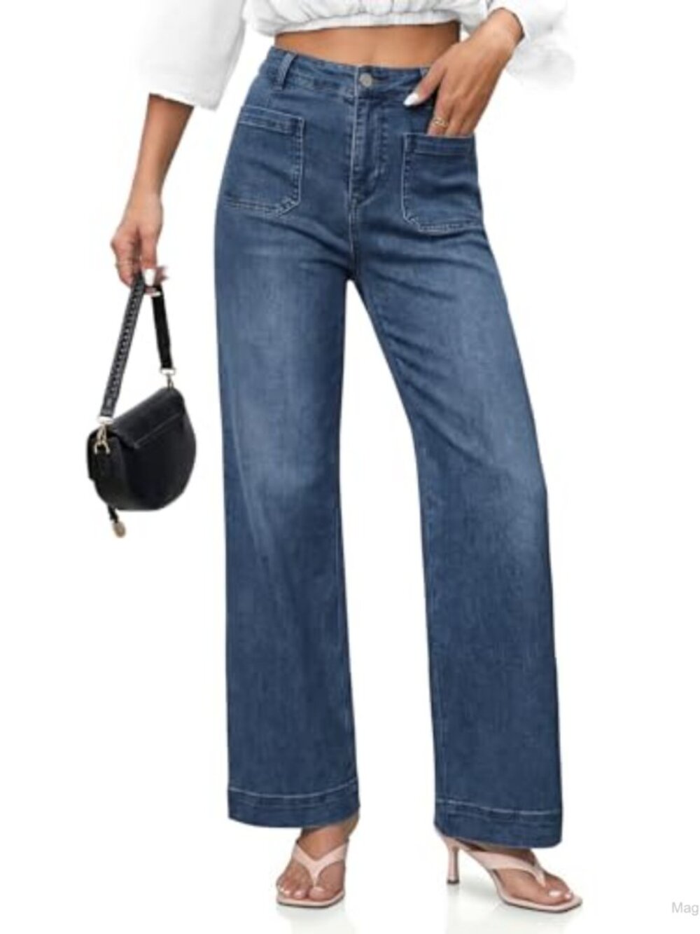 Wide Leg High Waisted Stretchy Denim Jeans with Patch Pockets